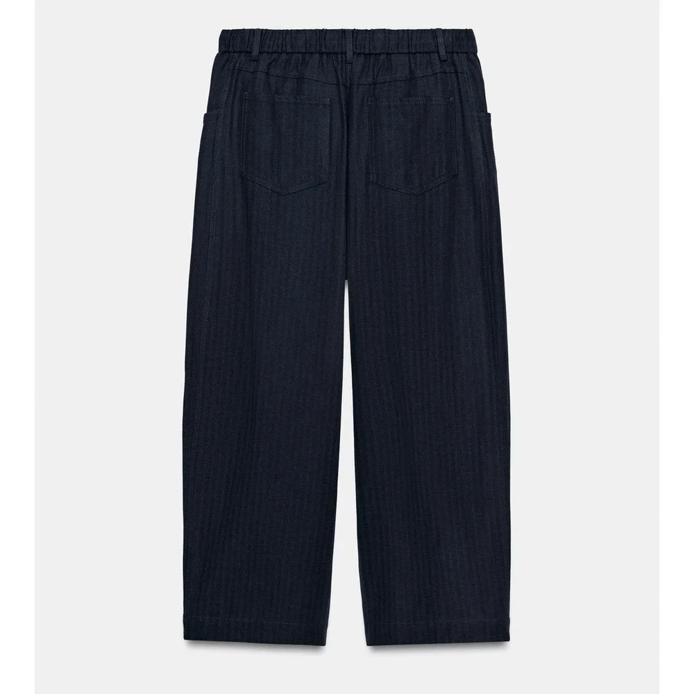 NWT Zara Woman ZW Collection Herringbone Textured Wide Leg Pants Navy Blue